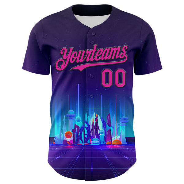 Custom Navy Deep Pink-Black 3D Pattern Design Rave Psychedelic Futuristic City Authentic Baseball Jersey alternate