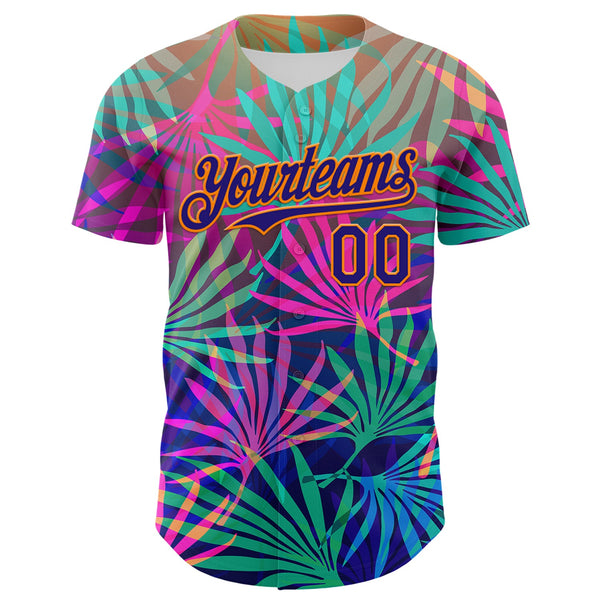 Custom Pink Dark Purple-Bay Orange 3D Pattern Design Rave Psychedelic Tropical Palm Leaves Authentic Baseball Jersey alternate