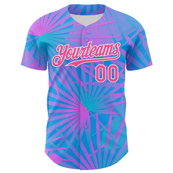 Custom Electric Blue Pink-White 3D Pattern Design Rave Psychedelic Tropical Palm Leaves Authentic Baseball Jersey alternate
