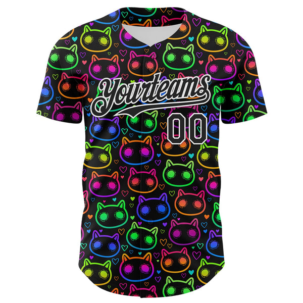 Custom Black White 3D Pattern Design Rave Psychedelic Neon Cartoon Cat Authentic Baseball Jersey alternate