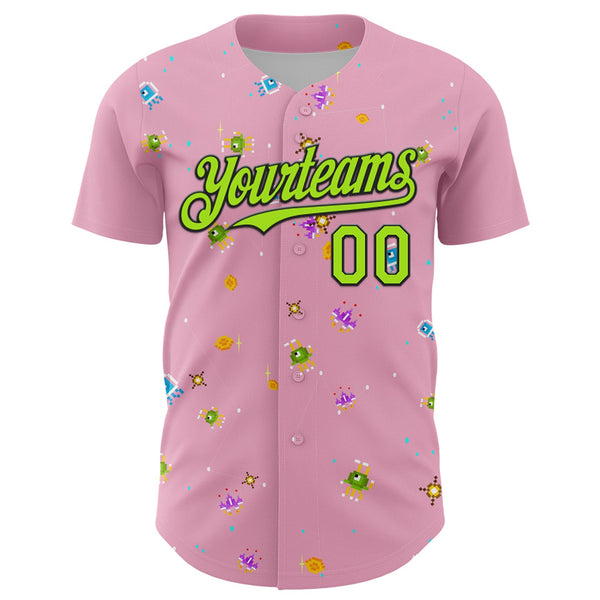 Custom Light Pink Neon Green-Black 3D Pattern Design Retro Pixel Arcade Game Authentic Baseball Jersey alternate