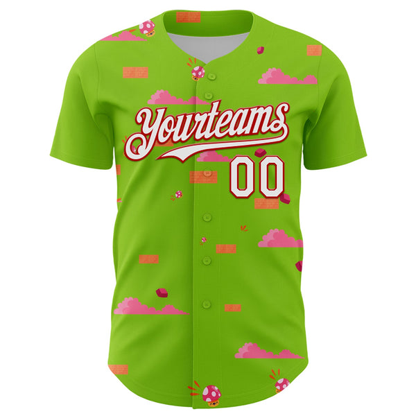 Custom Neon Green White-Red 3D Pattern Design Retro Pixel Arcade Game Authentic Baseball Jersey alternate