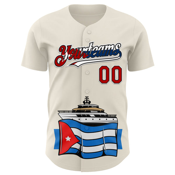 Custom Cream Red Black White-Cuban Flag 3D Cuba Authentic Baseball Jersey alternate