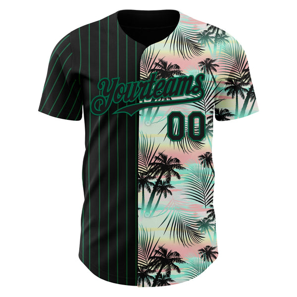 Custom Black Kelly Green 3D Pattern Design Pinstripe Tropical Palm Leaves Authentic Baseball Jersey alternate
