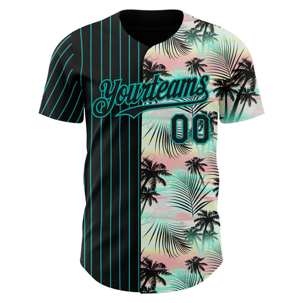 Custom Black Aqua 3D Pattern Design Pinstripe Tropical Palm Leaves Authentic Baseball Jersey alternate