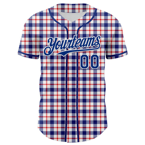 Custom White Royal-Red 3D Pattern Design Patriotic American Symbol Plaid Authentic Baseball Jersey alternate