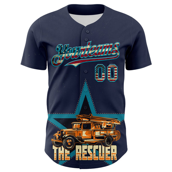 Custom Navy Vintage USA Flag-Teal 3D Patriotic American Symbol Fire Truck Authentic Baseball Jersey alternate