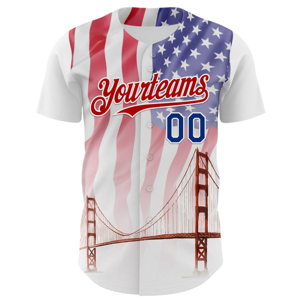 Custom White Royal-Red 3D Patriotic American Flag And Golden Gate Bridge Authentic Baseball Jersey alternate