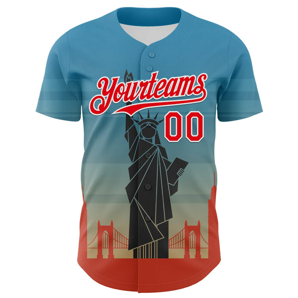 Custom Blue Fire Red-White 3D Pattern Design Patriotic American Symbol Golden Gate Bridge And Statue of Liberty Authentic Baseball Jersey alternate