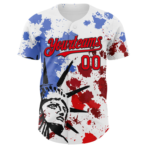 Custom White Fire Red-Black 3D Patriotic American Flag And Splatter Statue of Liberty Authentic Baseball Jersey alternate