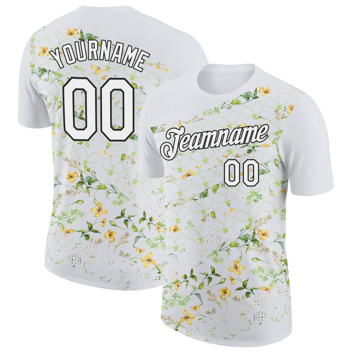 Custom White Black 3D Pickleball Paddles Balls Floral Performance T-Shirt