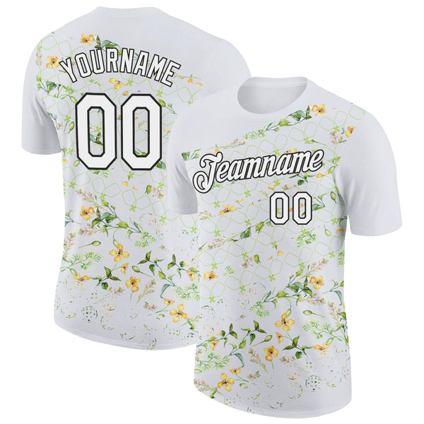 Custom White Black 3D Pickleball Paddles Balls Floral Performance T-Shirt