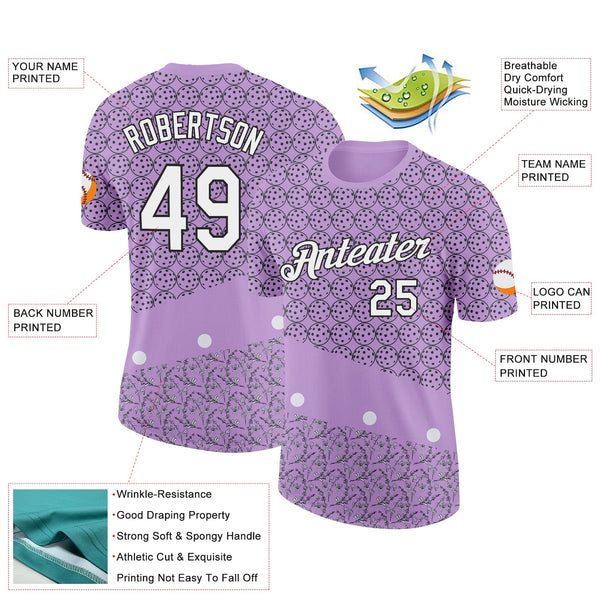 Custom Light Purple White-Black 3D Pickleball Balls Floral Performance T-Shirt alternate