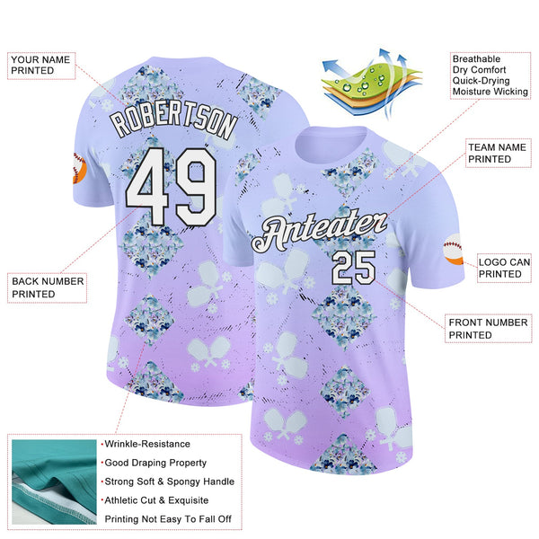 Custom Purple White-Black 3D Pickleball Paddles Balls Floral Performance T-Shirt alternate