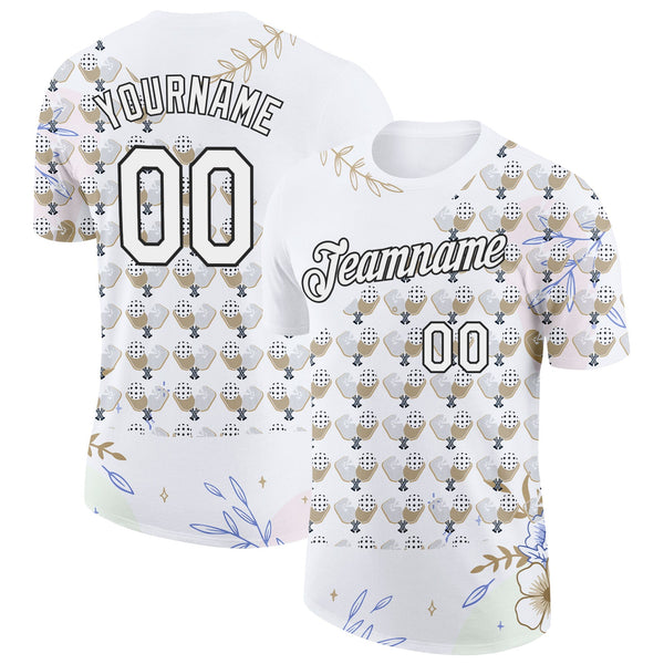 Custom White Black 3D Pickleball Paddles Balls Floral Performance T-Shirt
