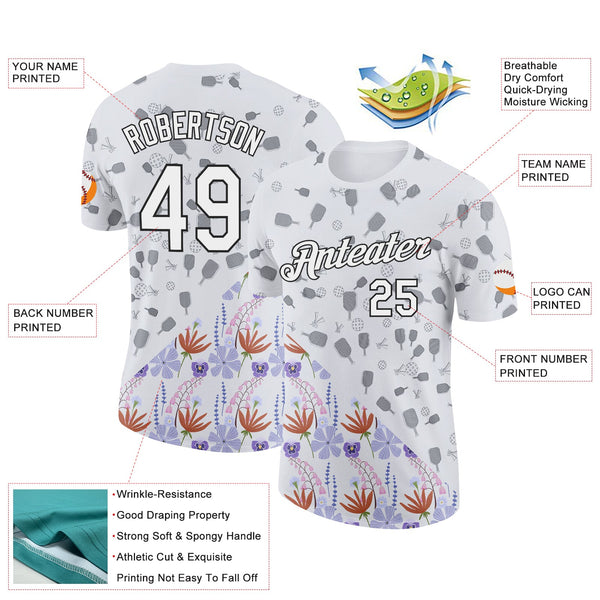 Custom White Black 3D Pickleball Paddles Balls Floral Performance T-Shirt alternate