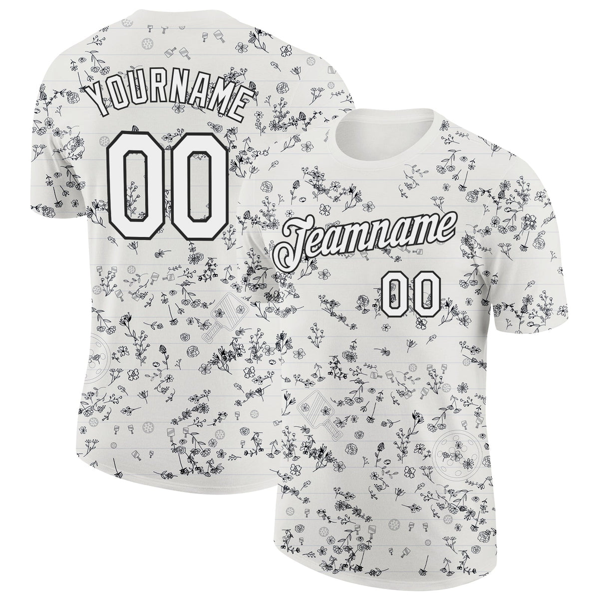 Custom Cream White-Black 3D Pickleball Paddles Balls Floral Performance T-Shirt