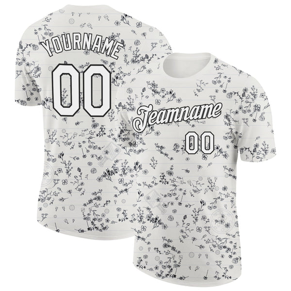 Custom Cream White-Black 3D Pickleball Paddles Balls Floral Performance T-Shirt