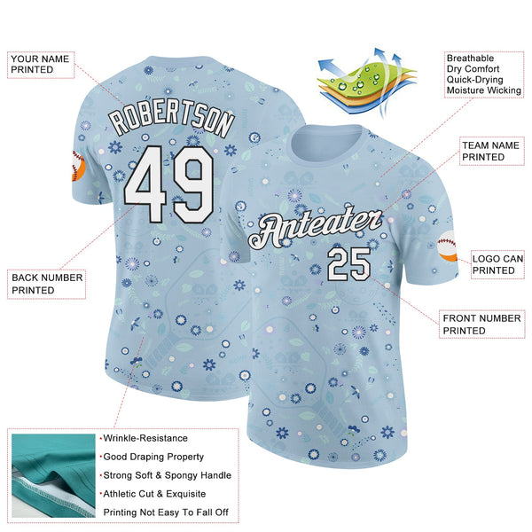 Custom Blue White-Black 3D Pickleball Paddles Balls Floral Performance T-Shirt alternate