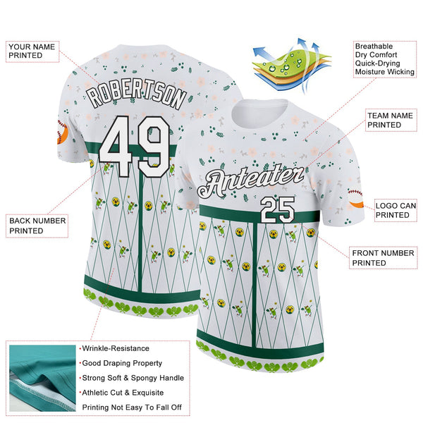 Custom Green White-Black 3D Pickleball Paddles Balls Floral Performance T-Shirt alternate