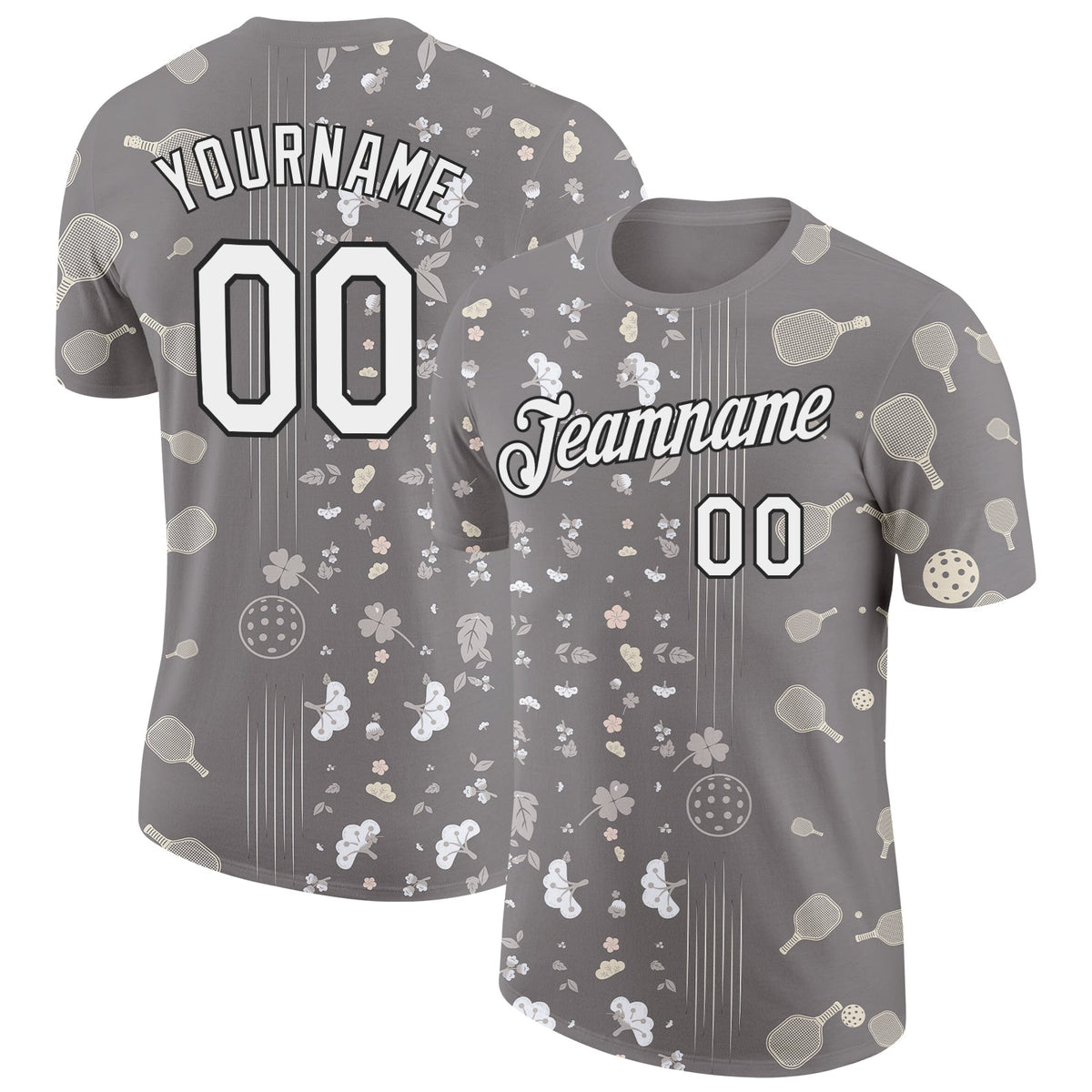 Custom Gray White-Black 3D Pickleball Paddles Balls Floral Performance T-Shirt