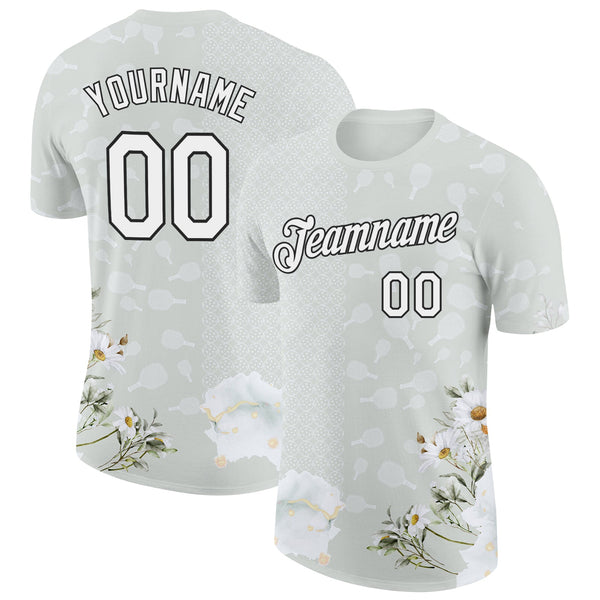 Custom Gray White-Black 3D Pickleball Paddles Balls Floral Performance T-Shirt