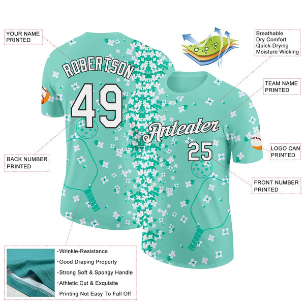 Custom Green White-Black 3D Pickleball Paddles Balls Floral Performance T-Shirt alternate