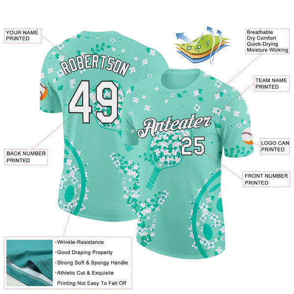 Custom Green White-Black 3D Pickleball Paddles Balls Floral Performance T-Shirt alternate