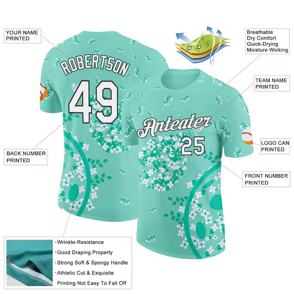 Custom Green White-Black 3D Pickleball Paddles Balls Floral Performance T-Shirt alternate