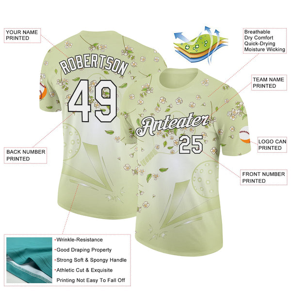 Custom Green White-Black 3D Pickleball Paddles Balls Floral Performance T-Shirt alternate