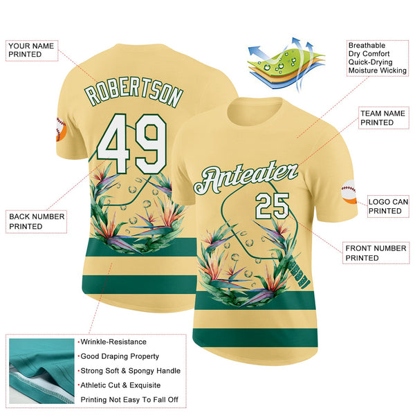 Custom Yellow White-Green 3D Pickleball Paddles Balls Floral Performance T-Shirt alternate