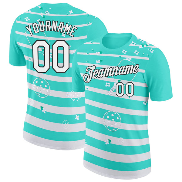 Custom Green White-Black 3D Pickleball Paddles Balls Floral Performance T-Shirt