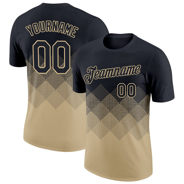 Custom Black Vegas Gold 3D Pattern Design Gradient Square Shapes Performance T-Shirt