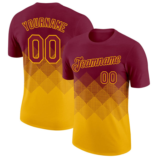 Custom Crimson Gold 3D Pattern Design Gradient Square Shapes Performance T-Shirt