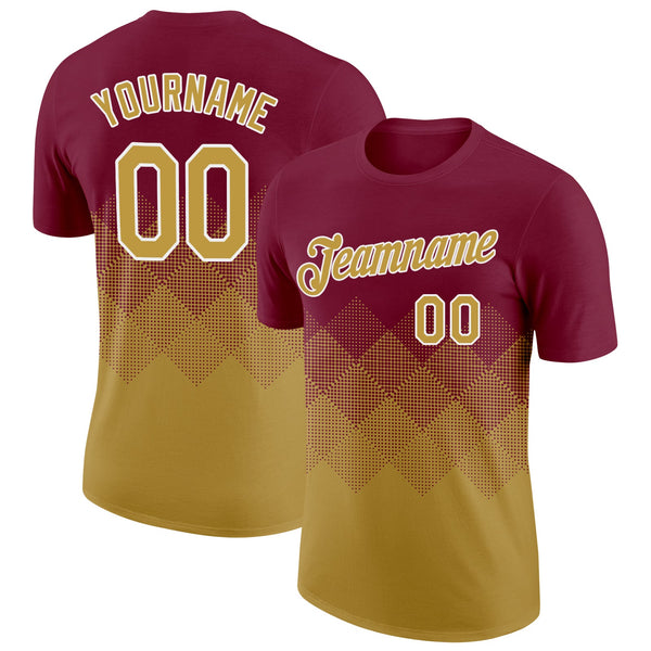 Custom Crimson Old Gold-White 3D Pattern Design Gradient Square Shapes Performance T-Shirt