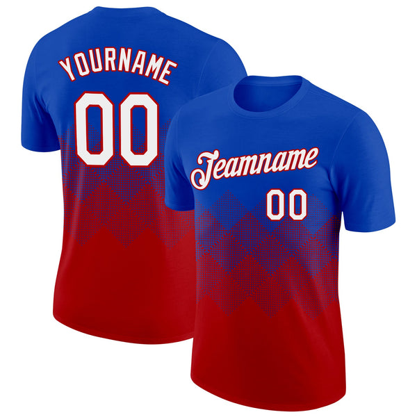 Custom Thunder Blue White-Red 3D Pattern Design Gradient Square Shapes Performance T-Shirt