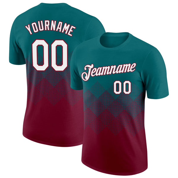 Custom Teal White-Crimson 3D Pattern Design Gradient Square Shapes Performance T-Shirt