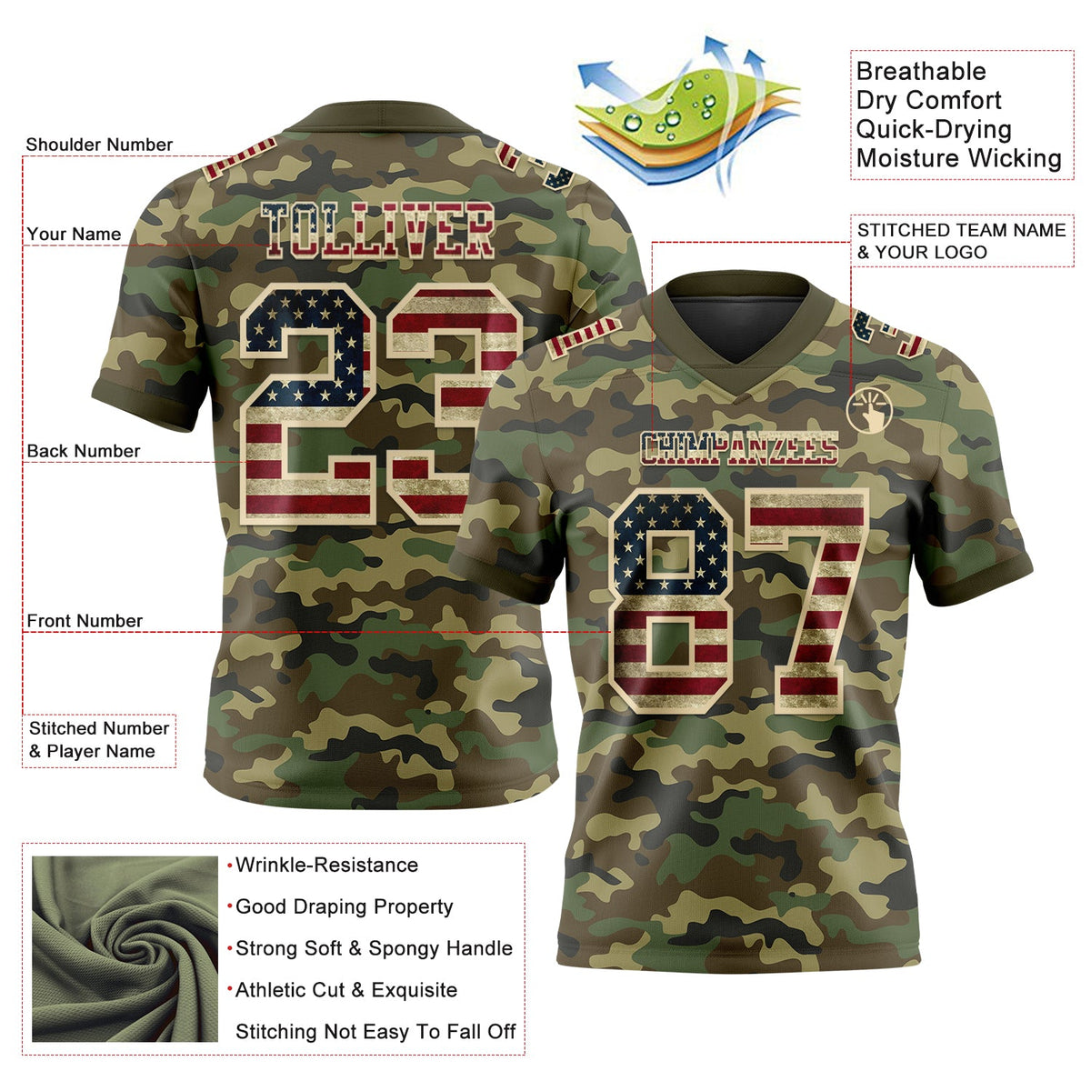 Custom Camo Vintage USA Flag Cream-Olive 3D Pattern Salute To Service Authentic Football Jersey - Front