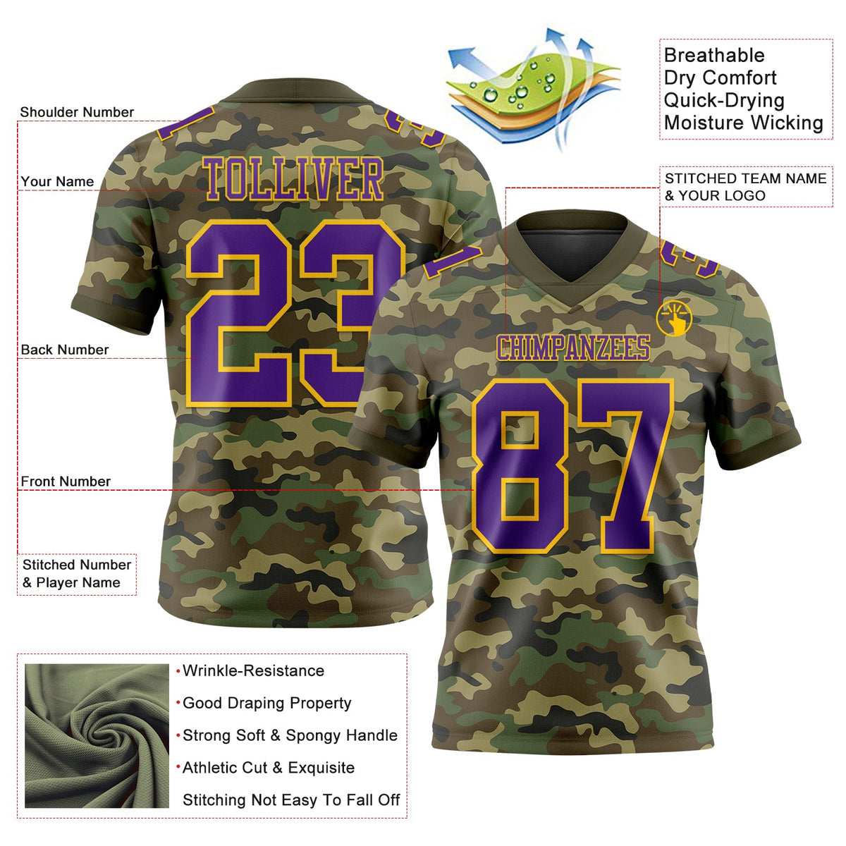 Custom Camo Purple-Yellow 3D Pattern Salute To Service Authentic Football Jersey - Front