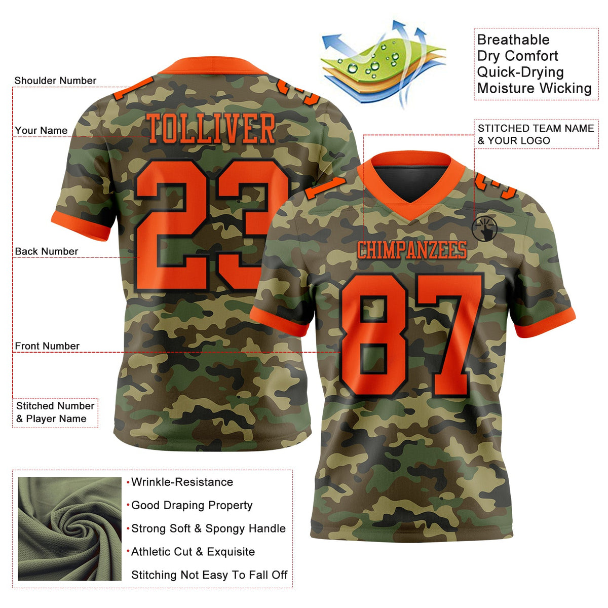 Custom Camo Orange-Black 3D Pattern Salute To Service Authentic Football Jersey - Front