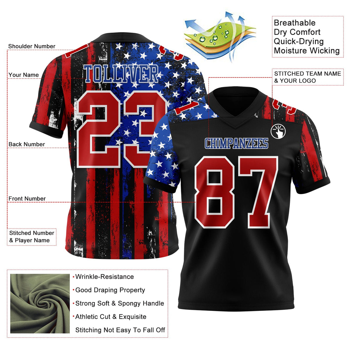Custom Black Red Royal-White 3D Pattern American Flag Authentic Football Jersey - Front