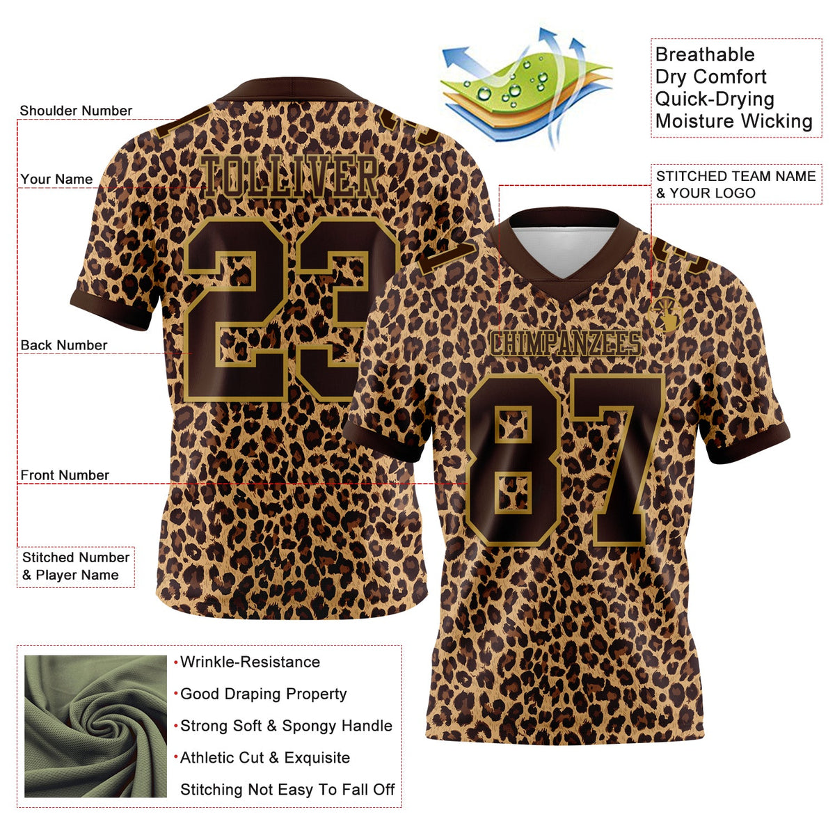 Custom Brown Old Gold 3D Pattern Leopard Print Authentic Football Jersey - Front