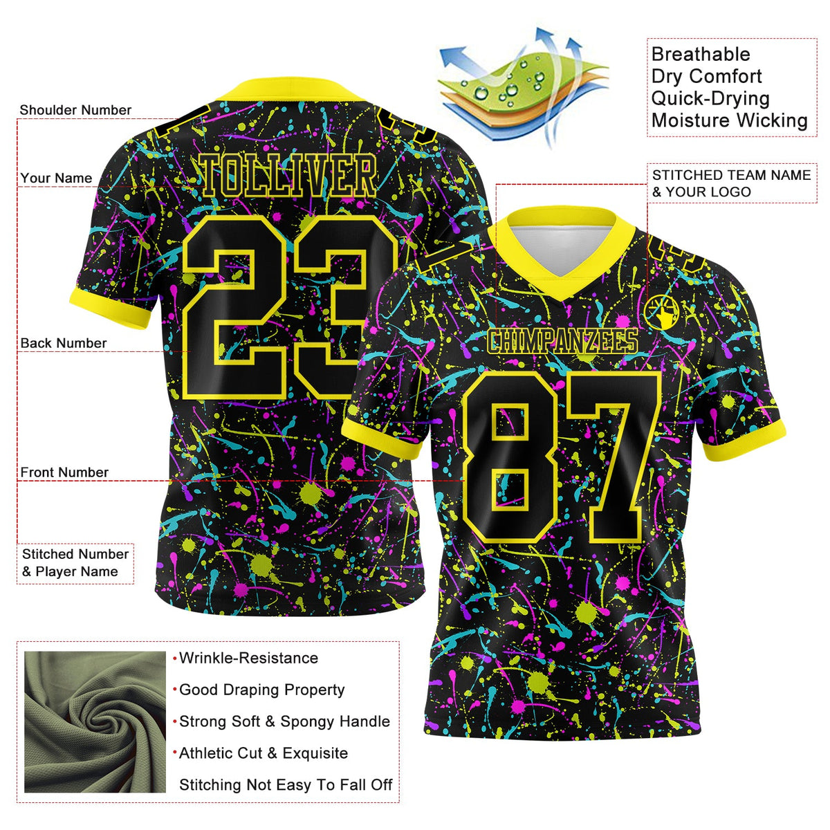 Custom Graffiti Pattern Black-Light Yellow 3D Pattern Splash Authentic Football Jersey - Front