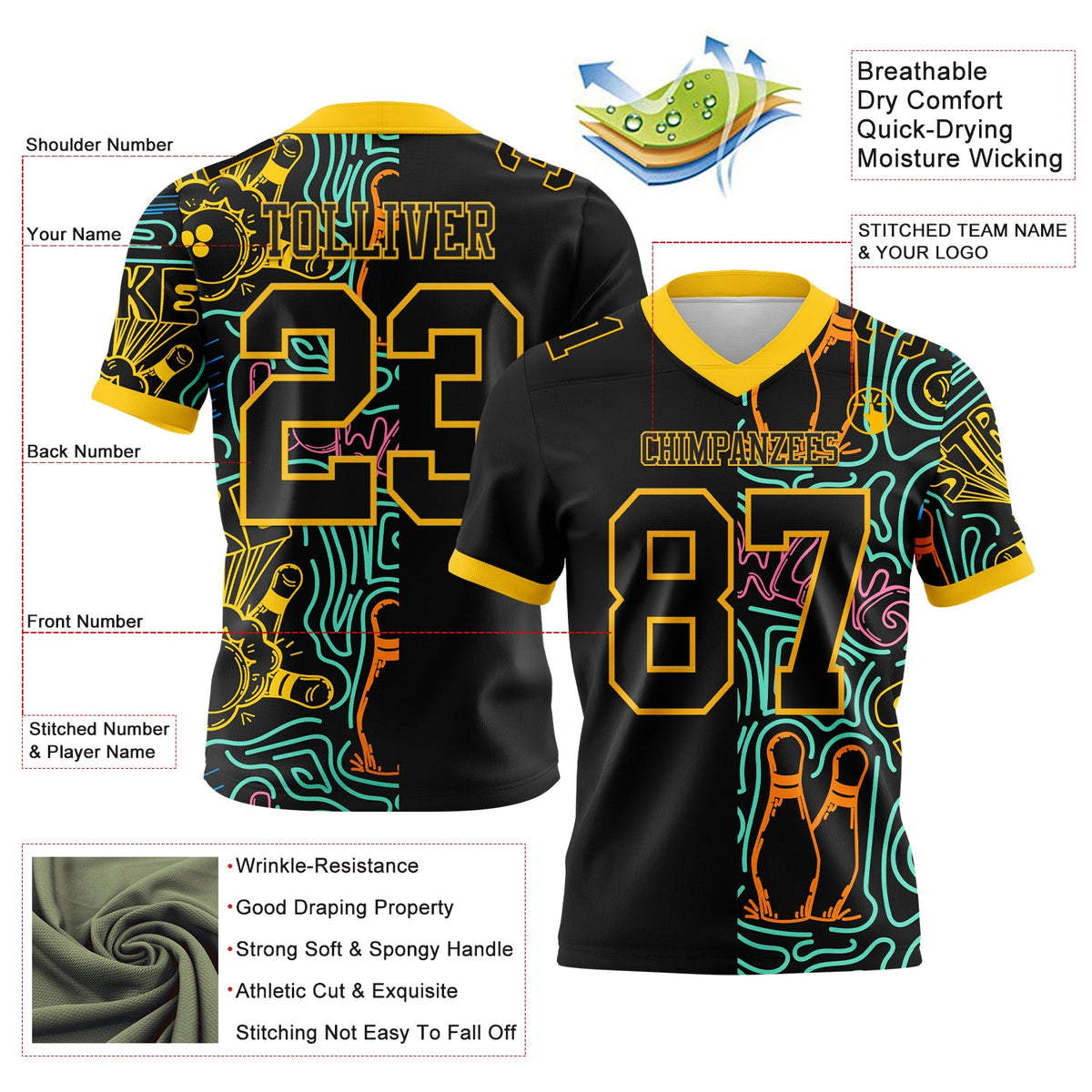 Custom Black Yellow 3D Pattern Bowling Authentic Football Jersey - Front