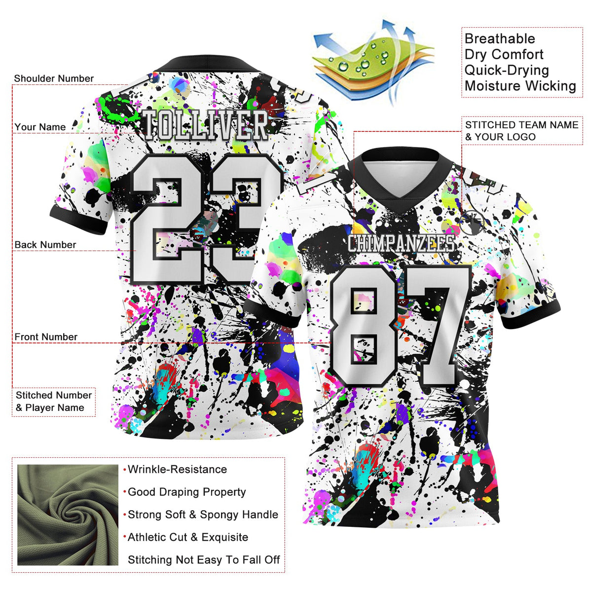 Custom Graffiti Pattern White-Black 3D Pattern Splash Authentic Football Jersey - Front