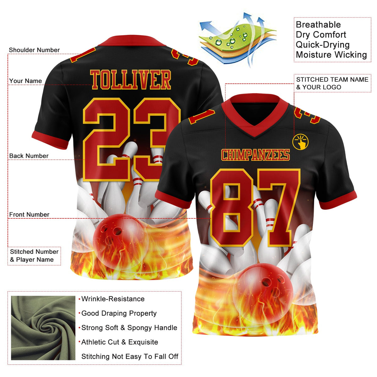 Custom Black Red-Yellow 3D Pattern Flame Bowling Authentic Football Jersey - Front