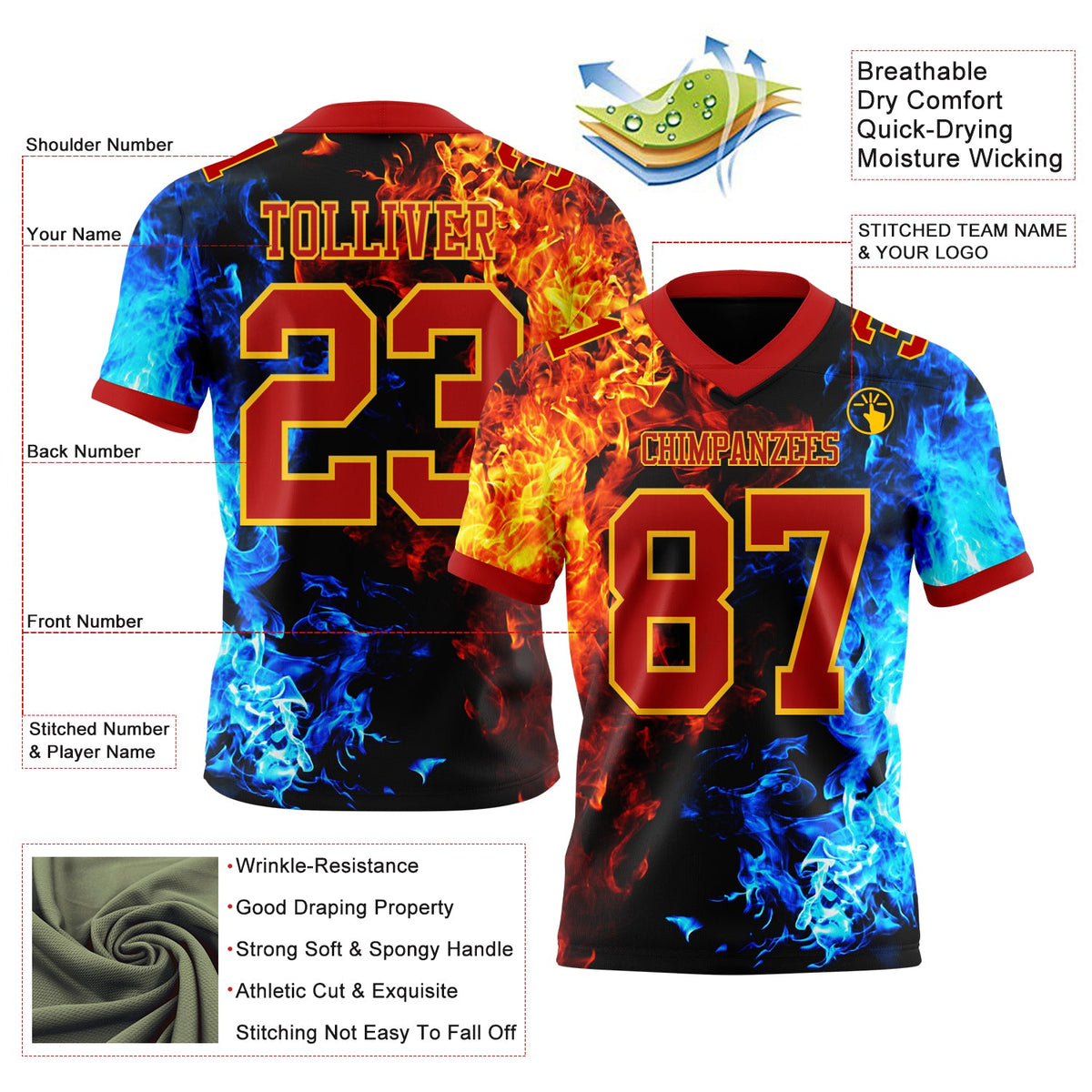 Custom Red Gold 3D Pattern Flame Authentic Football Jersey - Front