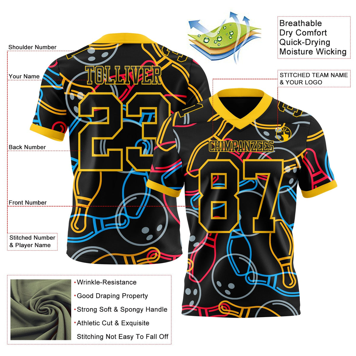 Custom Black Yellow 3D Pattern Bowling Authentic Football Jersey - Front
