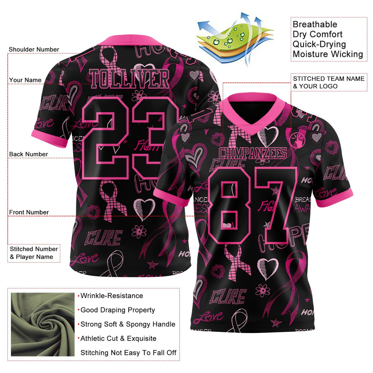 Custom Black Pink 3D Pattern Pink Ribbon Breast Cancer Awareness Month Women Health Care Support Authentic Football Jersey - Front