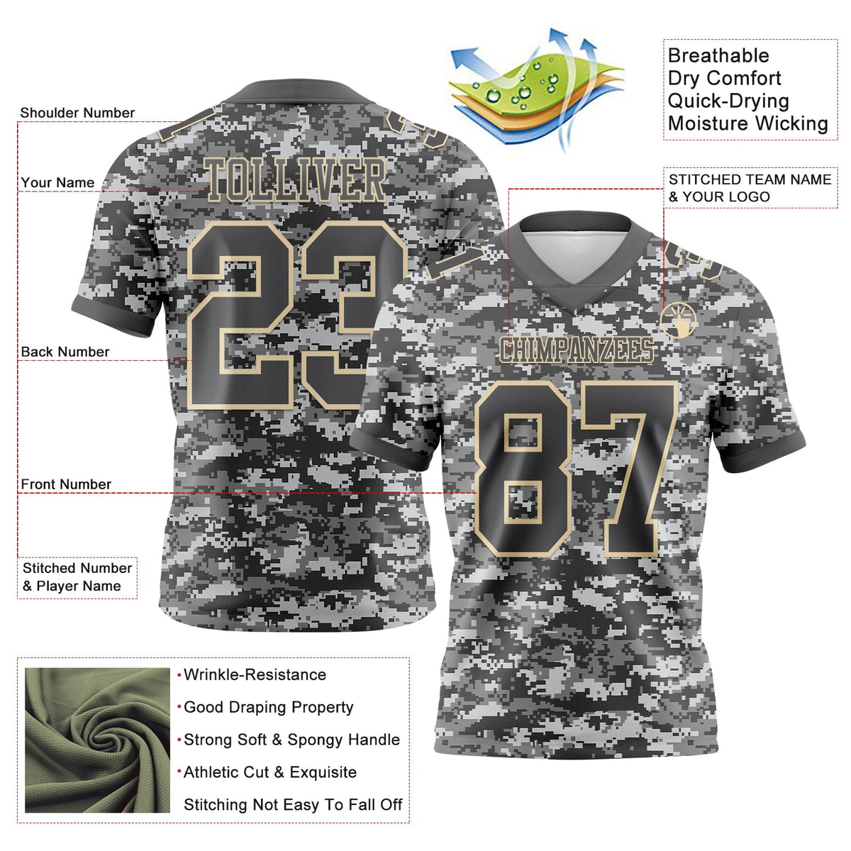 Custom Camo Steel Gray-Cream 3D Pattern Salute To Service Authentic Football Jersey - Front
